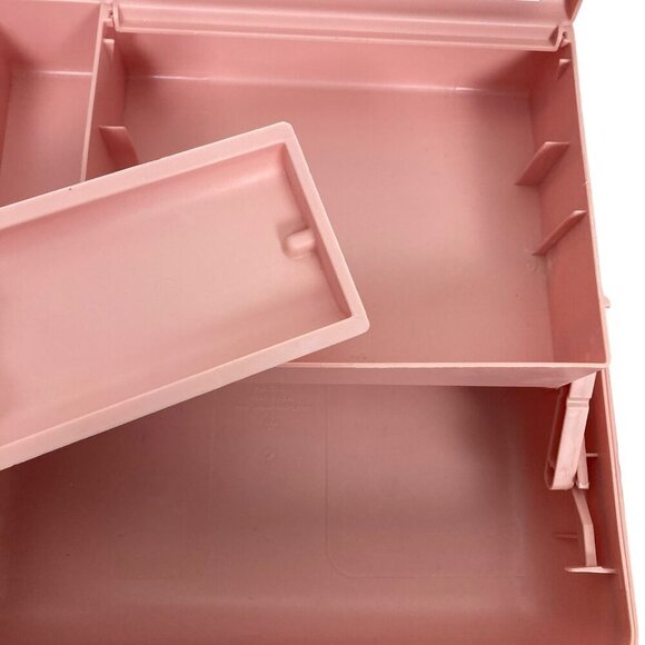 Vintage Caboodles 2 Tier Pink Jewelry Makeup Case Mirror Handle 5626 Made in USA - Picture 9 of 14